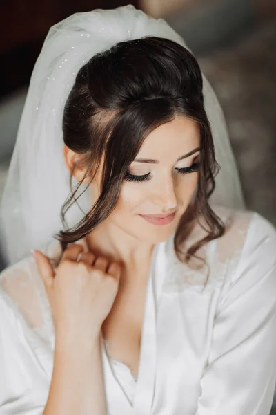 Portrait Une Mariée Brune Touchant Son Visage Magnifique Maquillage Cheveux — Photo