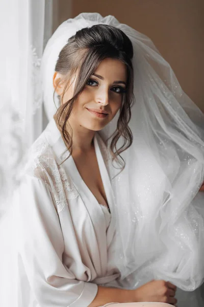 新娘的画像 一个穿着礼服的黑发新娘 摆出姿势 拿着大大的白色面纱 凝视着镜头 漂亮的妆容和头发婚纱照漂亮的新娘 — 图库照片