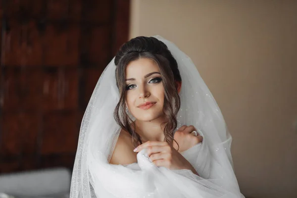 Eine Brünette Braut Einem Weißen Kleid Posiert Ihren Voluminösen Schleier — Stockfoto