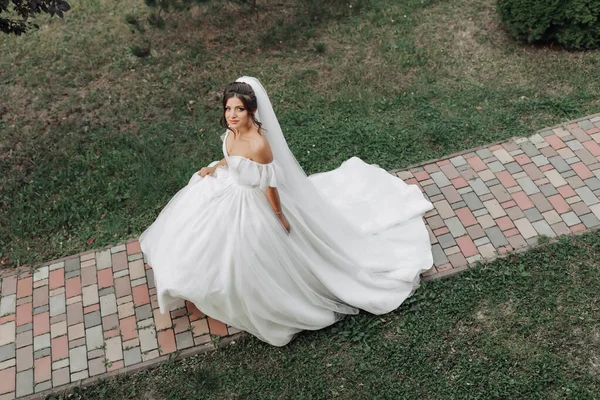 Hochzeitsfoto Die Braut Einem Voluminösen Weißen Kleid Und Einem Langen — Stockfoto