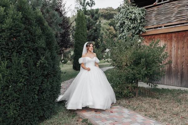 結婚式の写真 白いドレスを着た花嫁と長いベールが石の道に沿って庭を歩いています 上からの眺め 花嫁の肖像画 美しいカールだ 美しいメイクと髪 — ストック写真