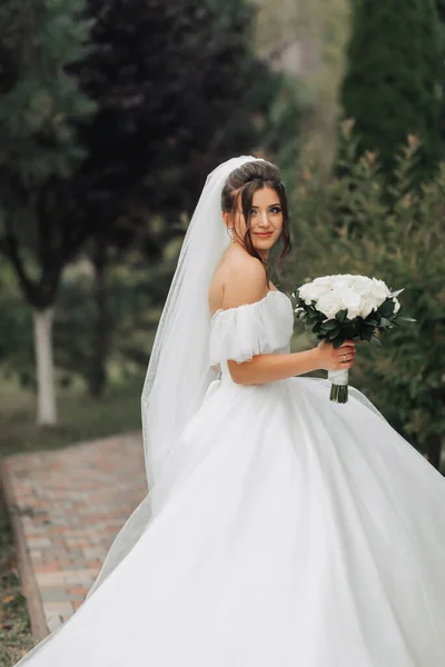 Düğün Fotoğrafı Şehvetli Beyaz Elbiseli Uzun Peçeli Gelin Taş Patika — Stok fotoğraf