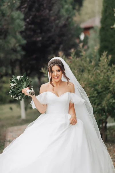 Huwelijksfoto Bruid Een Volumineuze Witte Jurk Een Lange Sluier Glimlachend — Stockfoto