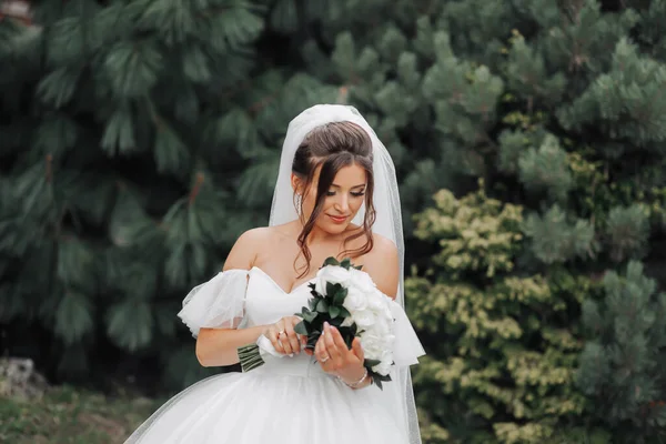 Brunette Bride Voluminous White Dress Open Shoulders Long Veil Smiling — Stock Photo, Image