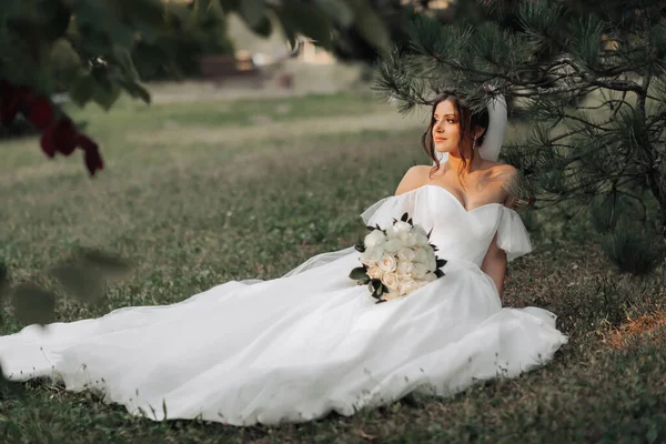 新娘在大自然中的肖像 一个身穿白色长裙的黑发新娘正坐在一棵针叶树旁 手里拿着一束白玫瑰 漂亮的头发和妆容暖光 — 图库照片