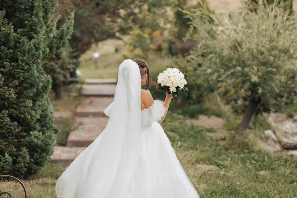 Svatební Fotka Nevěsta Objemných Bílých Šatech Dlouhém Závoji Kráčí Zahradě — Stock fotografie