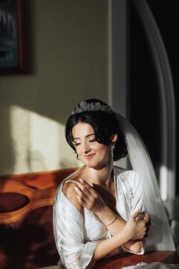 Esmer bir gelinin portresi etek giyip omzuna dokunuyor. Gümüş taç çelik çiçeklerle süslenmiş. Harika bir makyaj ve saç. Gönüllü duvak. Düğün fotoğrafı. Güzel gelin.