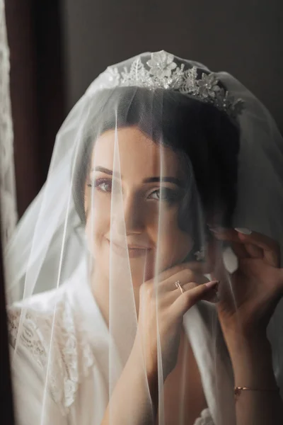 Portrait Brunette Bride Standing Wrapped Veil Window Looking Camera Lens — Stock Photo, Image