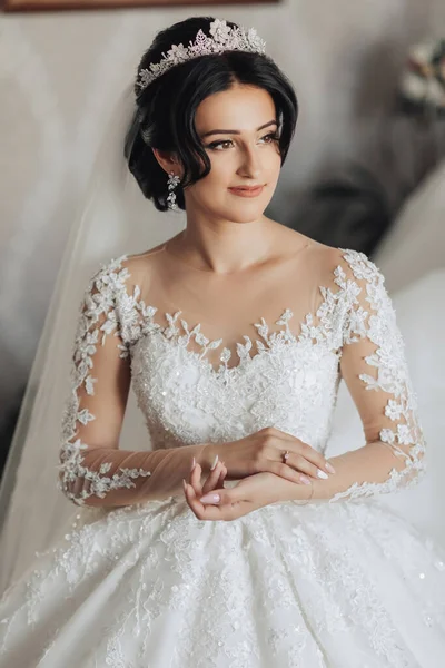 Portrait. A brunette bride in a wedding dress with long lace sleeves and a chic crown is standing, posing. Gorgeous make-up and hair. Voluminous veil. Wedding photo. Beautiful bride
