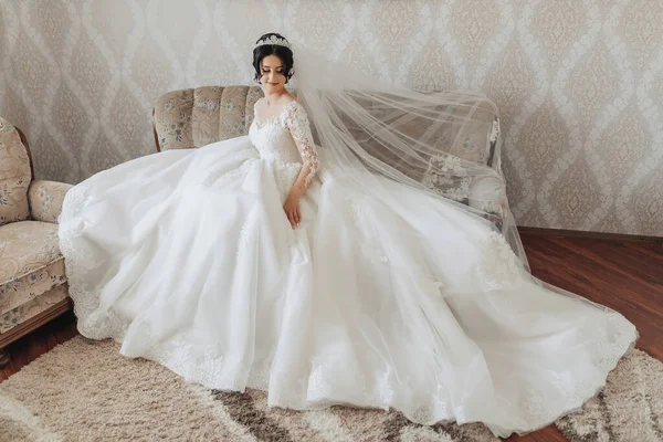 Brunette Bride White Voluminous Dress Long Lace Sleeves Chic Crown — Stock Photo, Image
