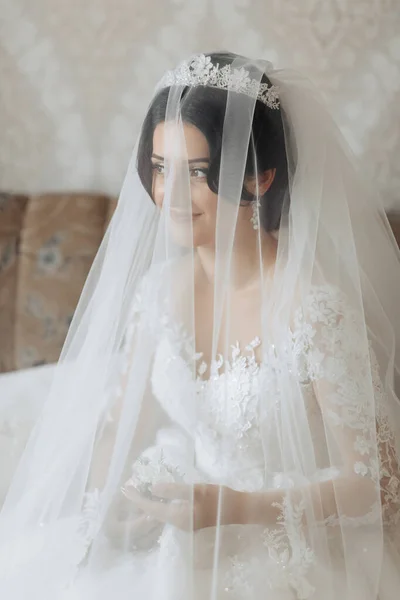 Ritratto Sposa Bruna Piedi Una Corona Chic Vestito Bianco Avvolto — Foto Stock