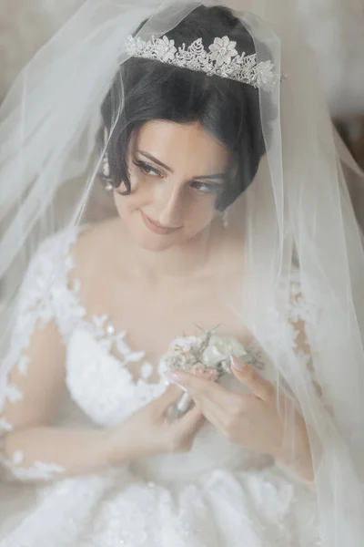 Retrato Noiva Morena Está Uma Coroa Chique Vestido Branco Envolto — Fotografia de Stock