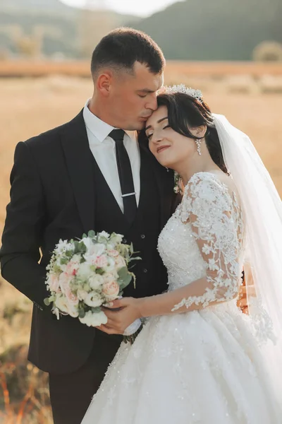 Φωτογραφία Γάμου Στη Φύση Γαμπρός Μαύρο Κοστούμι Και Νύφη Στέκονται — Φωτογραφία Αρχείου