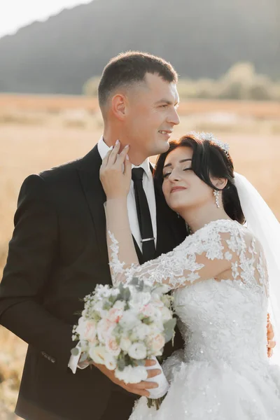 Bröllopsfoto Naturen Brudgummen Svart Kostym Och Bruden Står Ett Fält — Stockfoto