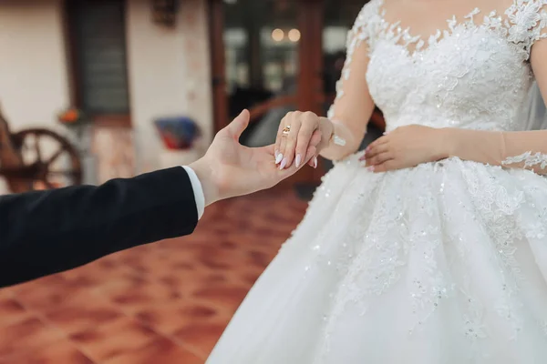 大自然中的婚礼肖像 剪下美丽的手的照片 新娘和新郎手牵着手 穿着白色长裙 法国修指甲 时髦的新郎 — 图库照片