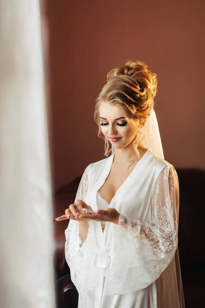 Blonde Bride Long Lacy Petticoat Standing Her Room Posing Window — Stock Photo, Image