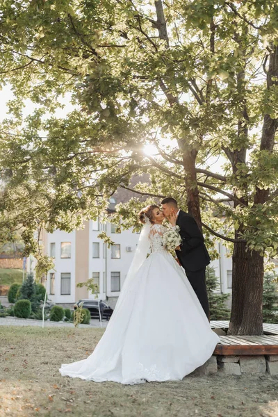 結婚式の肖像画 黒いスーツを着た新郎とブロンドの花嫁が立っていて 木の下で抱き合ってキスしています 自然の中での撮影会 写真の太陽の美しい光線 美しい髪とメイク — ストック写真