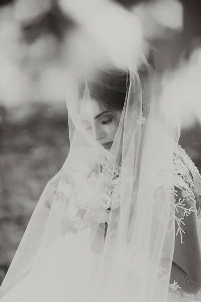 Göndör Szőke Menyasszony Fehér Ruhában Fátyollal Borítva Egy Csokor Rózsával — Stock Fotó