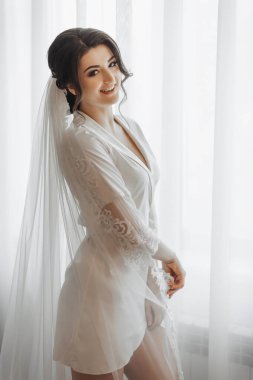 Portre. Pencere kenarında uzun peçesiyle poz veren esmer bir gelin. Harika bir makyaj ve saç. Gönüllü duvak. Düğün fotoğrafı. Güzel gelin.