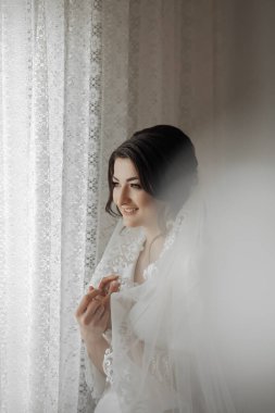 Yüzüne dokunan esmer bir gelin portresi. Harika bir makyaj ve saç. Gönüllü duvak. Düğün fotoğrafı. Güzel gelin.