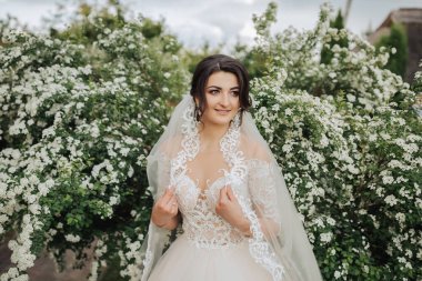 Düğün portresi. Dantel peçeli esmer bir gelin ve dantel kollu beyaz bir elbise çiçek açan bir ağacın yanında poz veriyor. Doğada fotoğraf çekimi. güneş ışınları