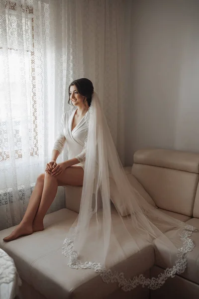 Portrait of the bride. A brunette bride is sitting on a nude sofa in a robe and a long lace veil, posing. Gorgeous make-up and hair. Wedding photo. Beautiful bride