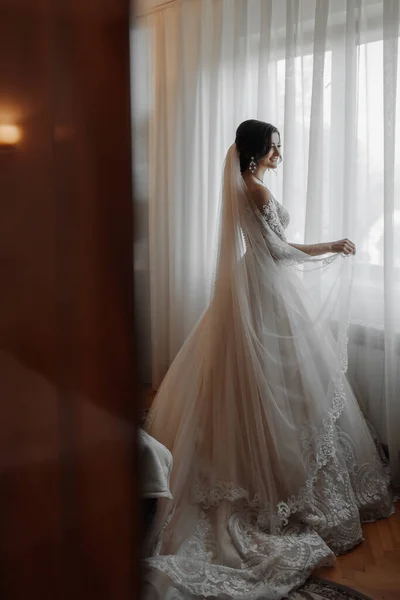 Uma Noiva Morena Vestido Branco Longo Véu Posa Junto Janela — Fotografia de Stock
