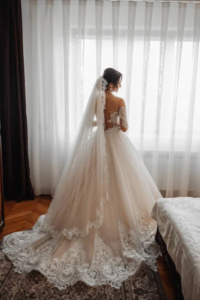 Брюнетка Невеста Белом Платье Длинная Вуаль Стоит Окна Красивые Руки — стоковое фото