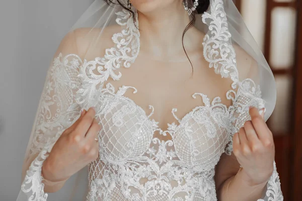 Uma Noiva Morena Vestido Branco Longo Véu Posa Junto Janela — Fotografia de Stock