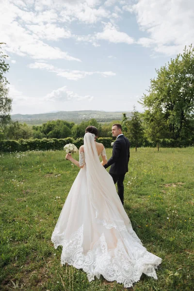 Menyasszony Vőlegény Arcképe Természetben Egy Divatos Menyasszony Vőlegény Hosszú Csipke — Stock Fotó