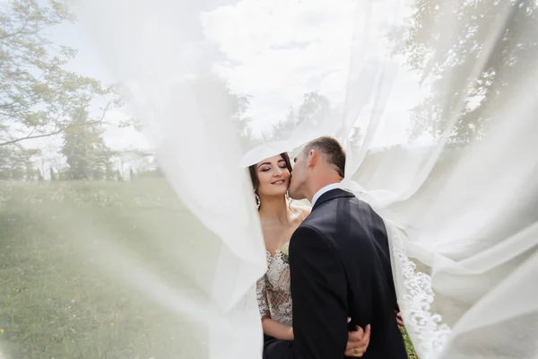 Eine Lockige Brünette Braut Einem Weißen Kleid Und Ein Verschleierter — Stockfoto