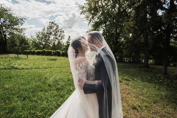 Een Gekrulde Brunette Bruid Een Witte Jurk Een Gesluierde Bruidegom — Stockfoto