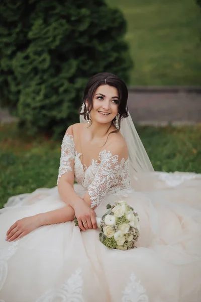 Porträt Der Braut Der Natur Eine Brünette Braut Weißen Spitzenkleid — Stockfoto