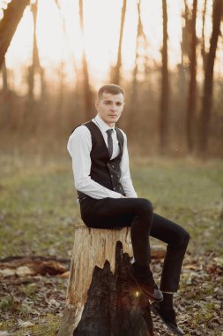 Ormandaki damadın portresi. Yelekli damat ahşap bir stantta oturuyor. Şık, zarif damat kahverengi papyon, saat, yelek ve beyaz gömlekle poz veriyor..
