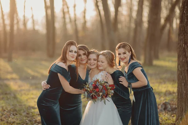 Düğün Günü Parkta Nedimeleri Olan Bir Gelin Mavi Elbiseli Nedimeler — Stok fotoğraf