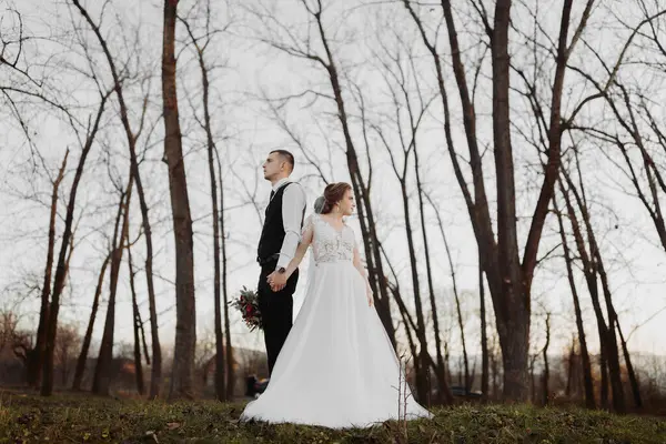 Düğün Fotoğrafı Gelin Damat Ormanda Sırt Sırta Duruyorlar Uzun Gelinlik — Stok fotoğraf