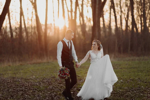 結婚式の写真 花嫁と新郎が森の中を歩いている 新郎は彼の最愛の人の手を握っています ウェディングドレスが長い 背の高い木の間の愛のカップル 秋の日差し — ストック写真