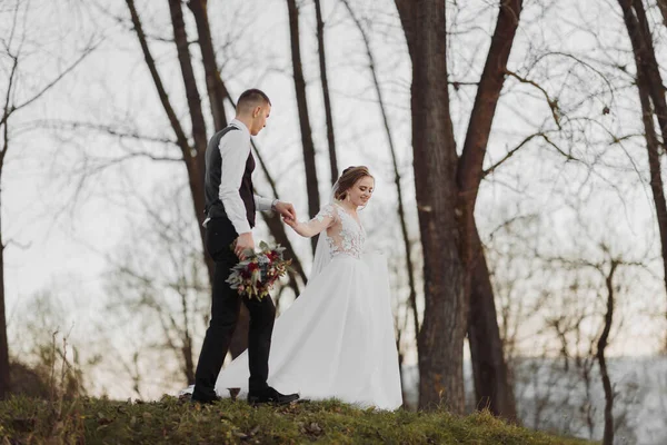 Düğün Fotoğrafı Gelin Damat Ormanda Yürüyorlar Damat Sevgilisinin Elini Tutar — Stok fotoğraf