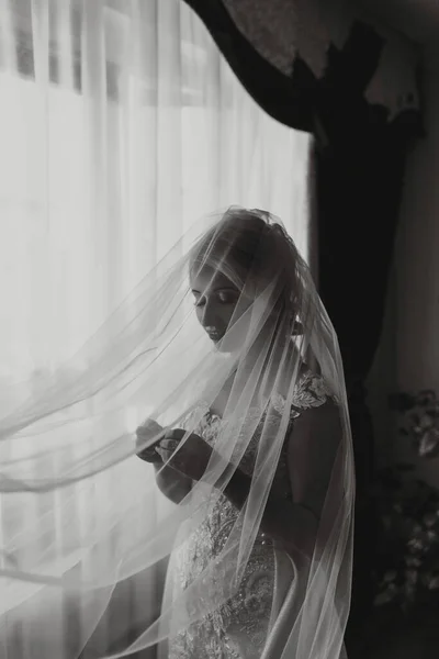 一个穿着白衣的黑发新娘拿着她的银婚戒指 法国修指甲 张开肩膀漂亮的手长长的面纱新娘的早晨 黑白照片 — 图库照片