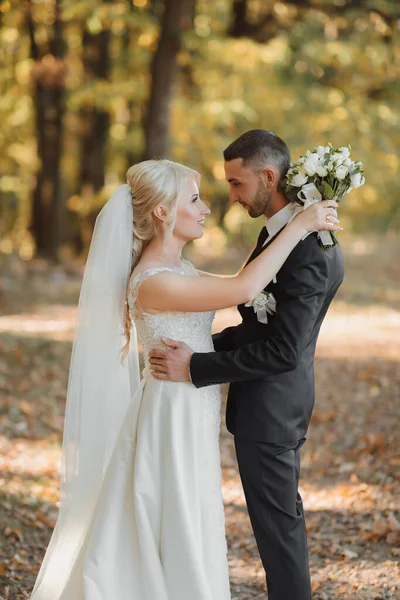 Vőlegény Menyasszony Erdőben Őszi Esküvő Erdőben Boldog Esküvő Szerelmesek Egymásra — Stock Fotó
