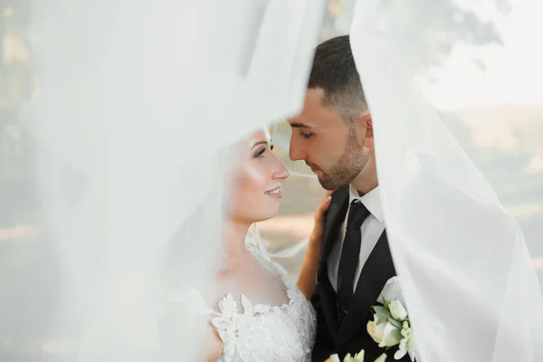 Bräutigam Und Braut Wald Herbsthochzeit Wald Glückliche Hochzeit Liebevolles Paar — Stockfoto
