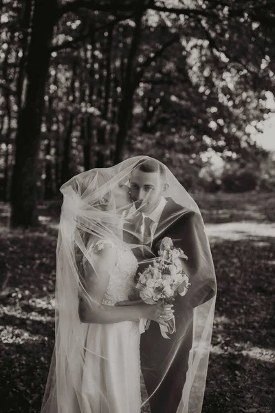 Sposo Sposa Nella Foresta Matrimonio Autunnale Nella Foresta Buon Matrimonio — Foto Stock