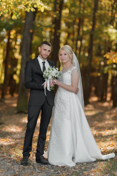自然の中で新郎新婦の肖像画 フルサイズの写真 秋の森を背景に 花嫁と新郎がポーズをとって 抱き合って笑っています 長いドレスを着た花嫁 — ストック写真