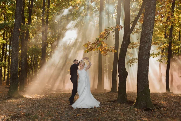 Menyasszony Vőlegény Egy Tündérködben Táncolnak Erdőben Nap Sugarai Áttörnek Füstön — Stock Fotó