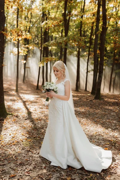 Sposa Cammina Sullo Sfondo Una Nebbia Favola Nella Foresta Raggi — Foto Stock