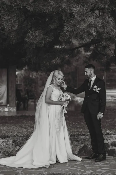 Fekete Öltönyös Fehér Inges Vőlegény Gyengéden Megérinti Menyasszony Arcát Fehér — Stock Fotó