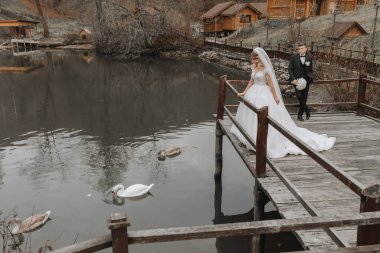 Lüks elbiseli şık bir gelin ve şık bir saç stili, ahşap evlerin yakınındaki bir parkta, bir rıhtımda, damat arkasında duruyor. Kuğular gölde yüzer.