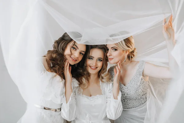 Damas Honor Estão Olhar Para Câmara Tudo Sob Véu Noiva — Fotografia de Stock