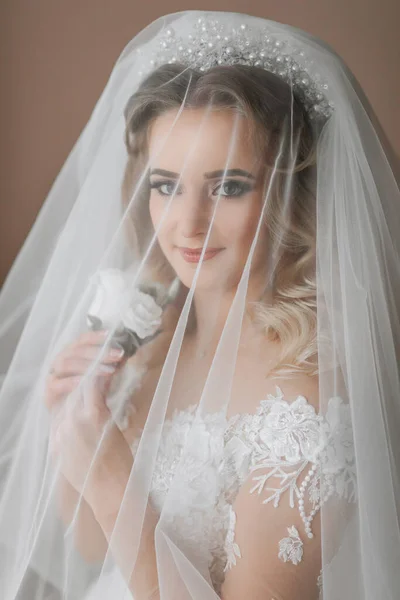 Glücklich Schöne Braut Unter Einem Schleier Großaufnahme Die Schöne Braut — Stockfoto