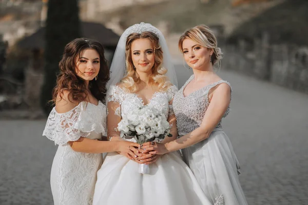 Stilvolle Brautjungfern Haben Spaß Mit Der Braut Der Natur Und — Stockfoto